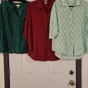 Multiples Emerald, Crimson, and Teal Patterned Blouses